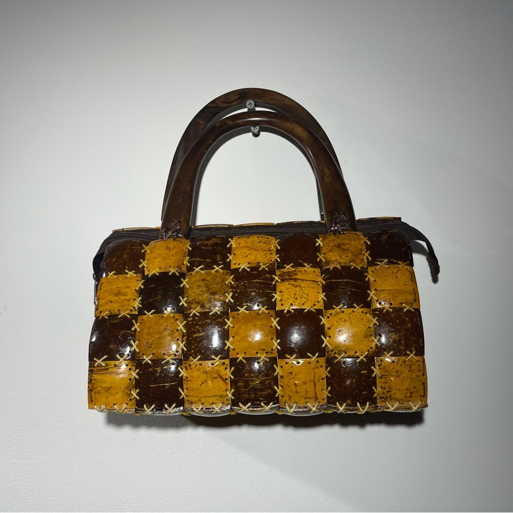 Vintage Handbag Purse Coconut Shell Handmade Excellent Condition Wood Handle
